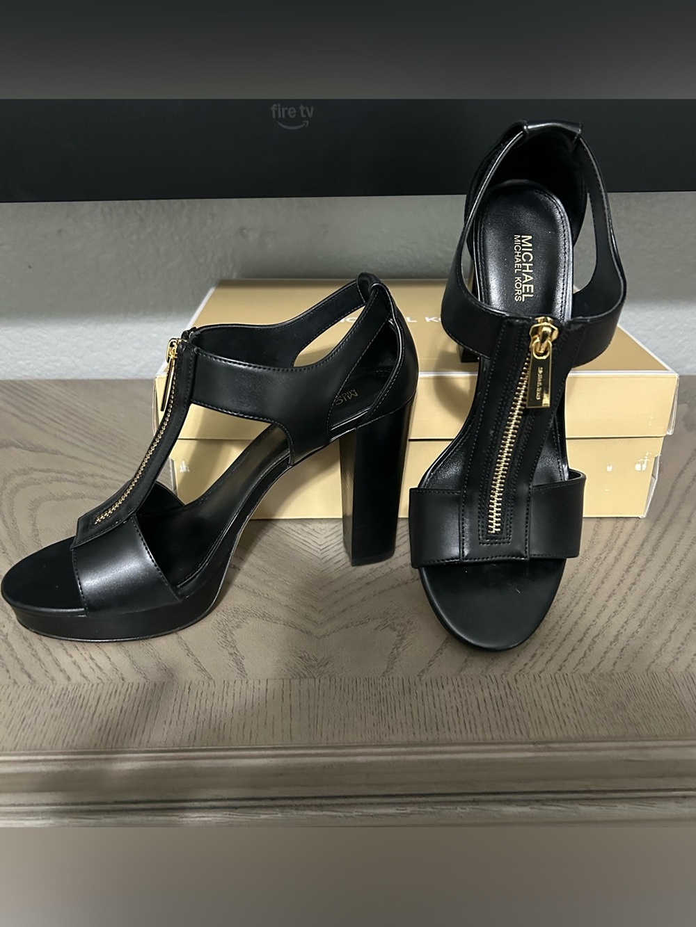 Michael Kors Black Leather Zip-Front Block Heel Sandals with Gold Hardware